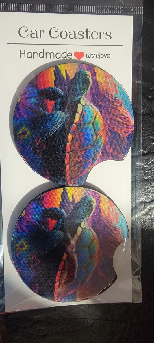 Neon Turtle Neoprene car coaster 2.75